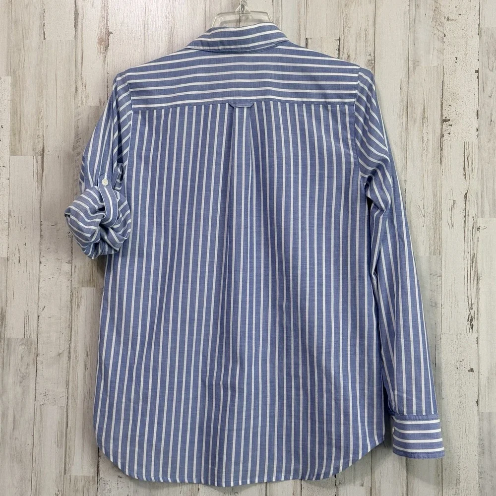 J Crew Henley Top Blouse S Blue Stripe Roll Tab Sleeve Preppy Summer Popover